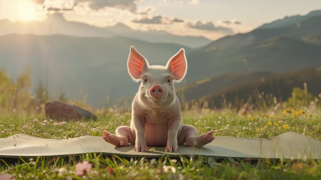 A little pig in a yoga, Adorable pig doing yoga with nature sunset background.