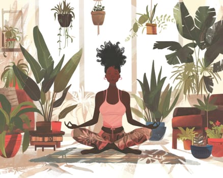 African american woman meditating among potted plants in serene setting for wellness and meditation concept