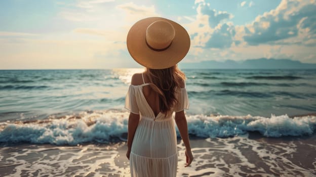 Woman wearing white dress and straw hat standing on beach at sunset, admiring waves. Serenity and summer vacation concept.