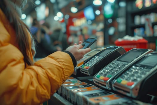 Closeup people using online payment at shopping mall.