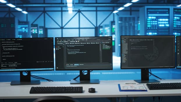 Lines of code running on computer screens in data center, used for troubleshooting rackmounts in server rows. Close up shot of script working on PC monitors upgrading hardware
