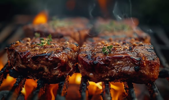 Pieces of meat cooked on the grill. Selective focus