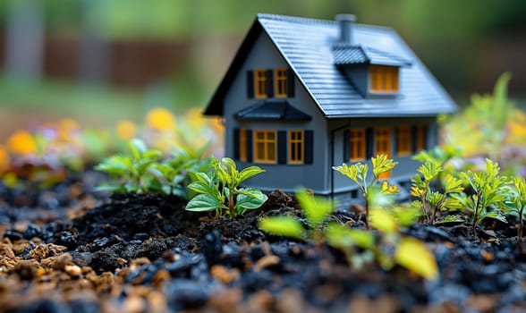 A cozy house against the backdrop of a natural landscape. Selective soft focus.