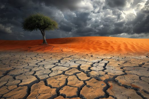 Lonely tree in the heart of the arid desert underneath a gathering storm exploring nature's resilience