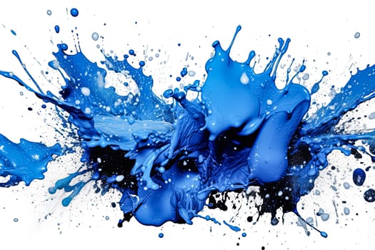 A splash of blue paint on a white background. The blue paint is splattered and has a lot of texture. Scene is energetic and dynamic