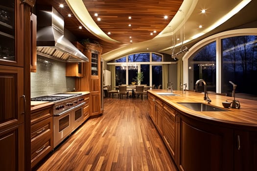 A large kitchen with a curved counter and a stainless steel refrigerator. The kitchen is well lit and has a modern, sleek design