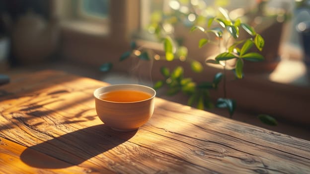 A serene workspace with a simple wooden desk, a cup of tea and gentle bokeh effects, Mindfulness and minimalism.