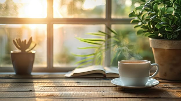 A serene workspace with a simple wooden desk, a cup of tea and gentle bokeh effects, Mindfulness and minimalism.
