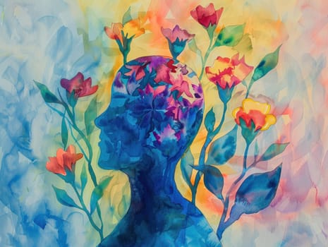 Woman with flowers in her hair and head, watercolor painting of beauty and artful elegance