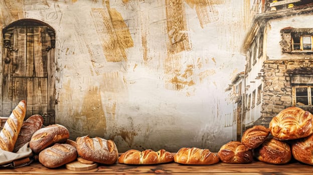 Bakery with freshly baked bread, variety of bread loaves, rolls, and baguettes displayed in baskets and on wooden shelves in the English countryside village