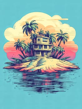 A house is on a small island in the ocean. The house is surrounded by palm trees. The sky is orange and the water is blue