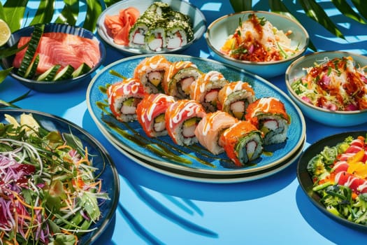 Exquisite variety of sushi and delicious food on blue table with palm trees in background, travel and culinary delights concept