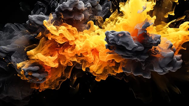 A colorful cloud of smoke with a blue, orange, and purple streak. The smoke is thick and billowing, creating a sense of movement and energy. The colors of the smoke contrast with the dark background