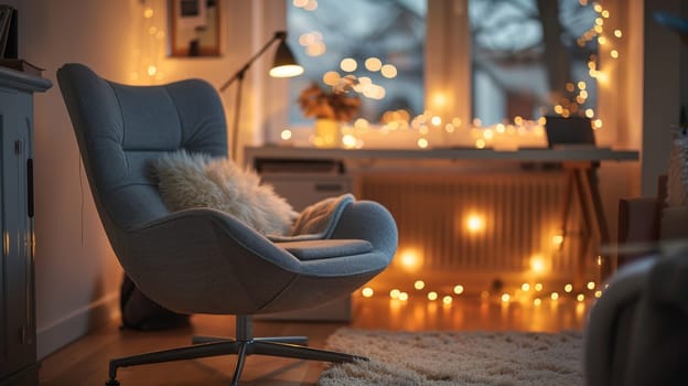 A peaceful home office space featuring a cozy chair and a tidy desk, and bokeh lights adding a touch of warmth.