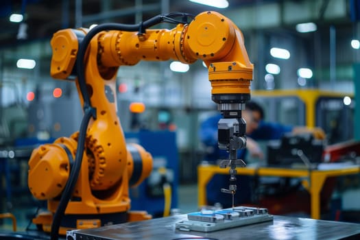 closeup robotic arm and worker in factory on background.