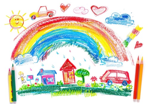 Child's illustration of a colorful rainbow, house, cars, clouds, and rainbows in traveling weather scene