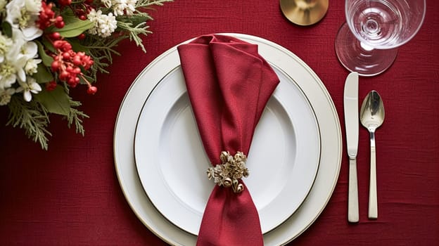 Christmas table decor, holiday tablescape and dinner table setting, formal event decoration for New Year, family celebration, English country and home styling inspiration