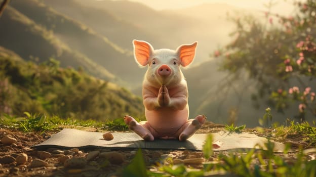 A little pig in a yoga, Adorable pig doing yoga with nature sunset background.