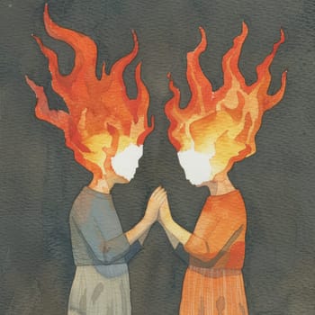 Fiery passion two women embracing with flames in their hair and hands on dark background