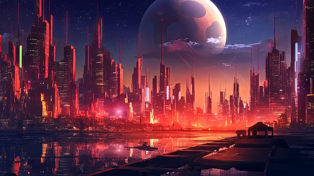 A cityscape with a large red planet in the background. The city is lit up with neon lights and the water is calm