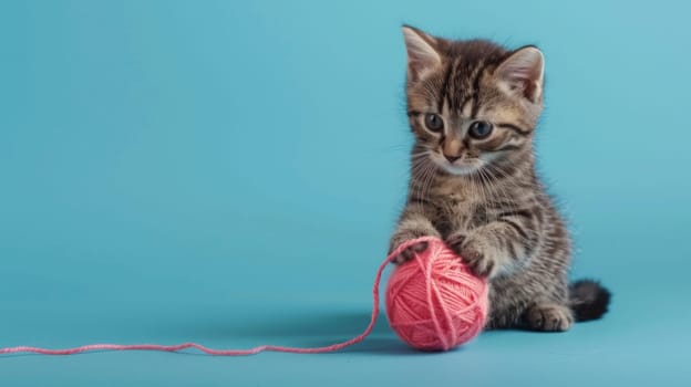 Kitten playing with pink yarn ball on blue background, adorable pet concept.