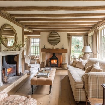 Cottage interior with modern design and antique furniture, home decor, sitting room and living room, sofa and fireplace in English country house and countryside style interiors