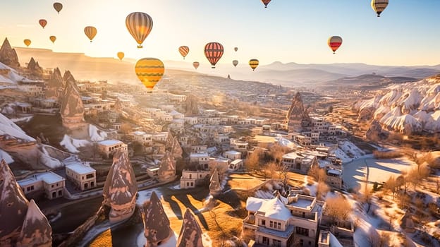 A hot air balloon festival is taking place in a small town. The sky is filled with colorful hot air balloons, creating a vibrant and lively atmosphere. The town is surrounded by mountains