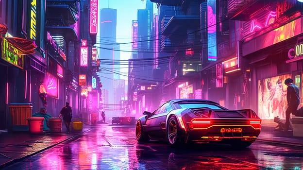 A neon city street with a car driving down it. The car is black and has a license plate