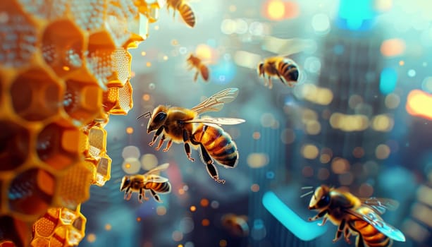 Closeup of bees flying around honeycomb in futuristic city, Concept of urban beekeeping by AI generated image.