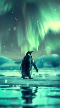 Penguin watching aurora borealis in arctic landscape, vibrant colors. Wildlife and nature concept.