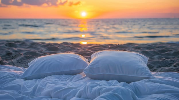 Sunset view from a cozy bed setup on the beach, tranquil scenery. Romantic getaway and relaxation concept.