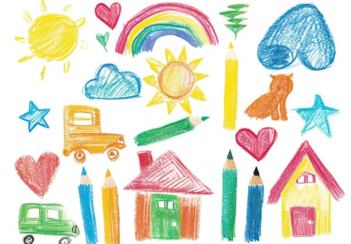 Colorful crayon drawings of houses, cars, and other objects for creative art and education project