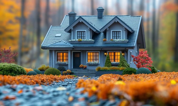 A cozy house against the backdrop of a natural landscape. Selective soft focus.