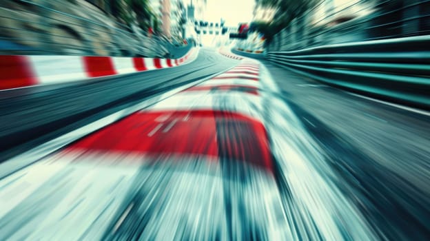 A blurred image of a race track with a car on it. The car is going very fast and the track is red and white