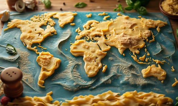 World map made from pasta. Selective focus.