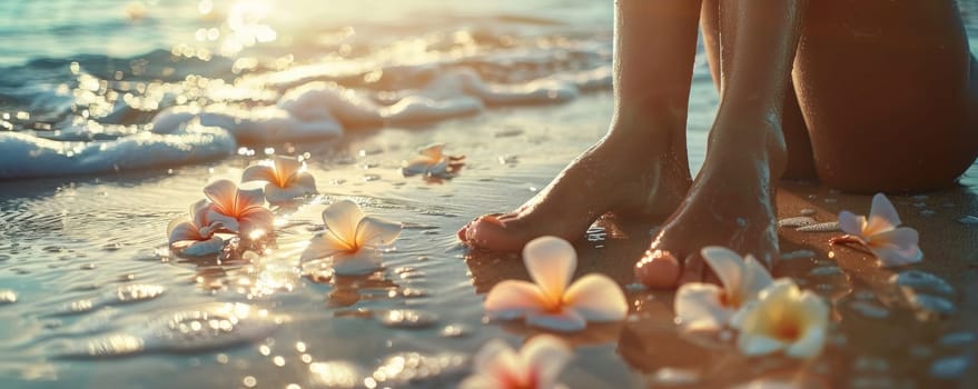 Barefoot woman standing on sandy beach with plumeria flowers, sunrise glow. Tranquility and relaxation concept.