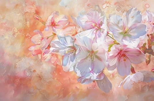 Stunning cherry blossom artwork with water droplets on pink background, beauty of nature theme