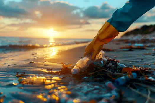 Volunteer hand with gloves collect micro plastics collects plastic from beach sand. Environment, pollution, plastic waste concept..