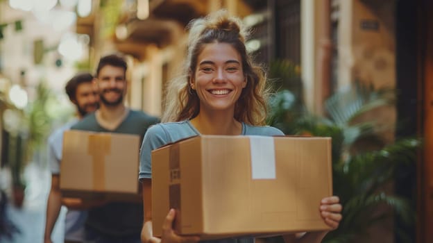 Friends Helping Each Other Move Into a New Apartment Carrying Boxes and Assembling Furniture Concept Community and Togetherness.