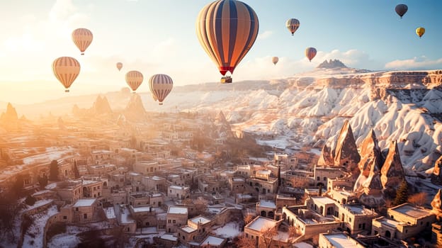 A hot air balloon festival is taking place in a small town. The sky is filled with colorful hot air balloons, creating a vibrant and lively atmosphere. The town is surrounded by mountains