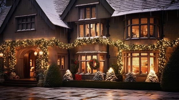 Christmas at the manor, English countryside style estate in winter with garden and festive exterior landscape decor