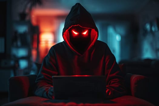 Hooded hacker with red eye using computer in dark room. Cybercrime concept..