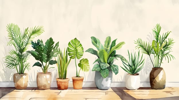 A row of houseplants in flowerpots is arranged along a wall, enhancing the landscape with their green foliage. The plants sit on wooden flooring in front of the Arecales