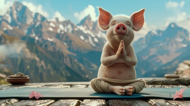 A little pig in a yoga, Adorable pig doing yoga with nature sunset background.