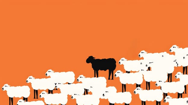 Contrasting black sheep in a group of white sheep, symbolizing uniqueness and individuality in orange background..