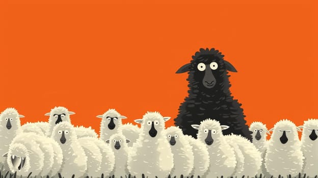 Contrasting black sheep in a group of white sheep, symbolizing uniqueness and individuality in orange background..