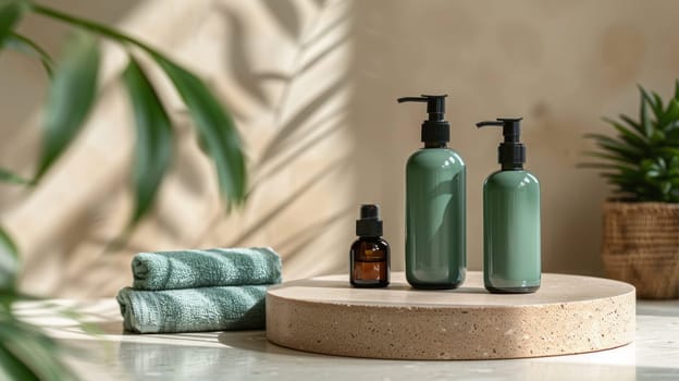 Green Glass Bottle of Body Lotion with Black Pump and Two Bottles of Face Serum on Terrazzo Stand Concept Minimalist Aesthetic Studio Photography.