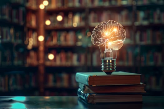 a glowing brain shaped like a light bulb, placed on top of a stack of books.