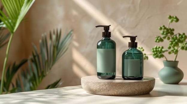 Green Glass Bottle of Body Lotion with Black Pump and Two Bottles of Face Serum on Terrazzo Stand Concept Minimalist Aesthetic Studio Photography.