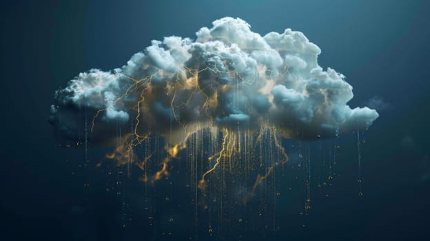 Thunderstorm cloud with lightning and rain in dark sky, weather phenomenon concept.